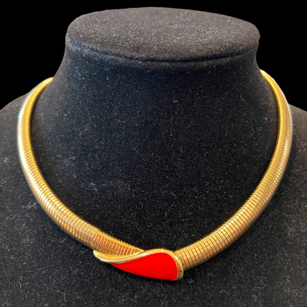 Vintage 80s Monet Gold Collar Necklace with Red Enamel Accent